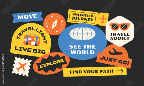 Travel sticker, patch, stamp, badge element collection. Set of vintage and cool travelling symbol.