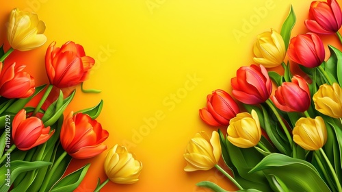 Vibrant red and yellow tulips bloom against a bright yellow background — cheerful, spring-inspired floral frame perfect for celebrations, greetings, or festive design projects.