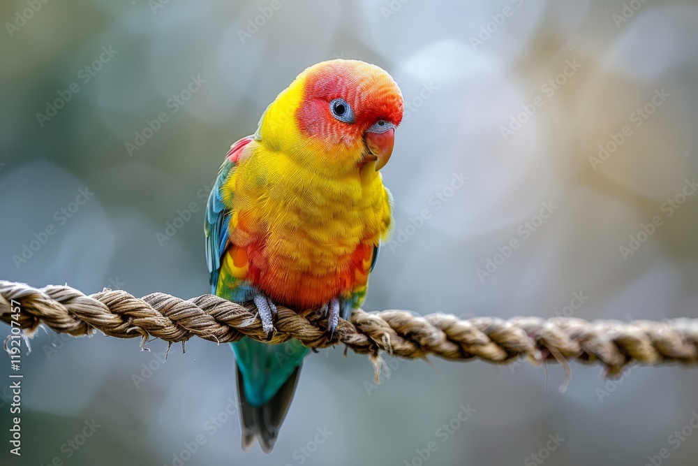 Obraz premium A colorful parrot with vibrant plumage perched on a rope, showcasing its beauty and agility.