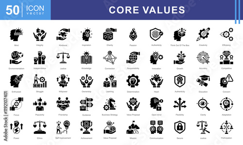 Core Values icon collection set. Containing acceptance, achievement, adaptability, authenticity, autonomy, balance, badness icon.
