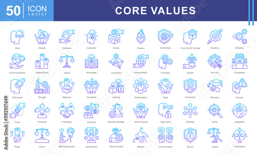 Core Values icon collection set. Containing acceptance, achievement, adaptability, authenticity, autonomy, balance, badness icon.