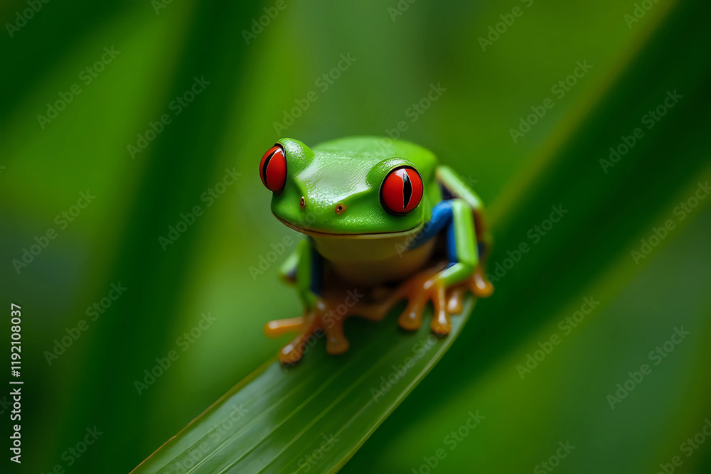 Obraz premium Red-eyed tree frog closeup on green leaves, Red-eyed tree frog closeup, Exotic animal of rain forest.