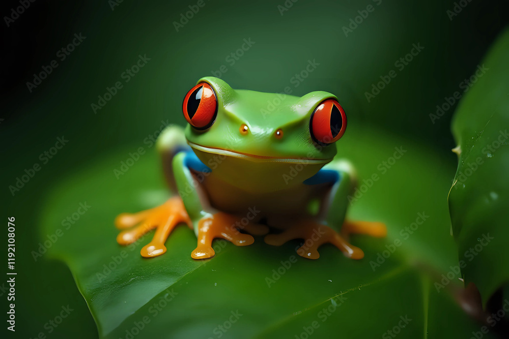 Naklejka premium Red-eyed tree frog closeup on green leaves, Red-eyed tree frog closeup, Exotic animal of rain forest.