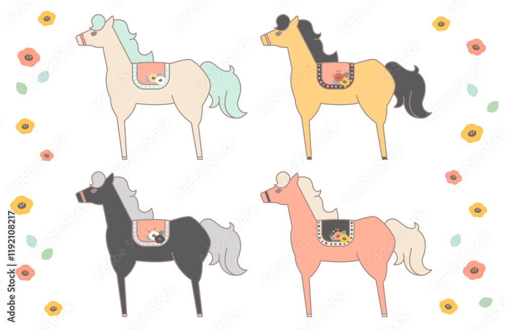 Fototapeta premium 可愛い馬のベクターイラスト素材セット 主線あり 午年 年賀状 