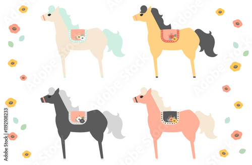 可愛い馬のベクターイラスト素材セット  主線なし 午年 年賀状 