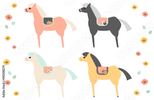 可愛い馬のベクターイラスト素材セット  主線なし 午年 年賀状 