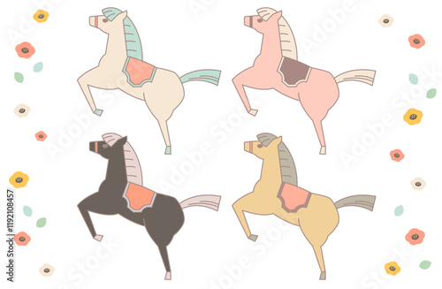 可愛い馬のベクターイラスト素材セット  主線あり 午年 年賀状 