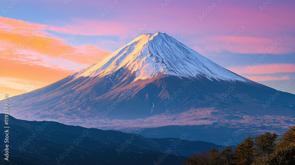 Soft pastel sunrise over snowy mountain landscape a tranquil scene