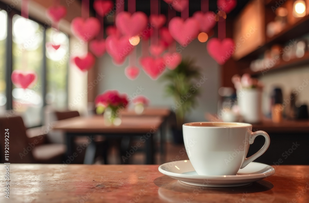 the interior of a coffee shop with an interior in the trendy mocha mousse color, decorated with a large number of small pink hearts, for Valentine's Day. the interior of a coffee shop with an interior in the trendy mocha mousse color, decorated with a large number of small pink hearts, for Valentine's Day.