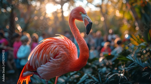 A vibrant pink flamingo stands gracefully amidst lush greenery, its long neck and slender legs creating an elegant silhouette. photo