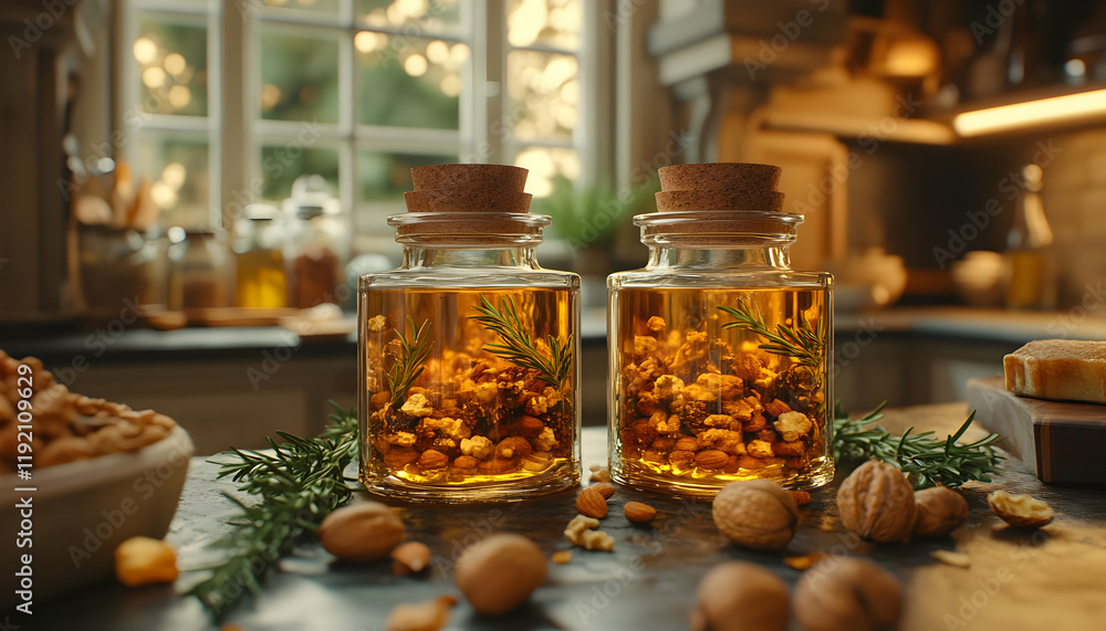 Herbal infused oil kitchen still life Herbal infused oil kitchen still life