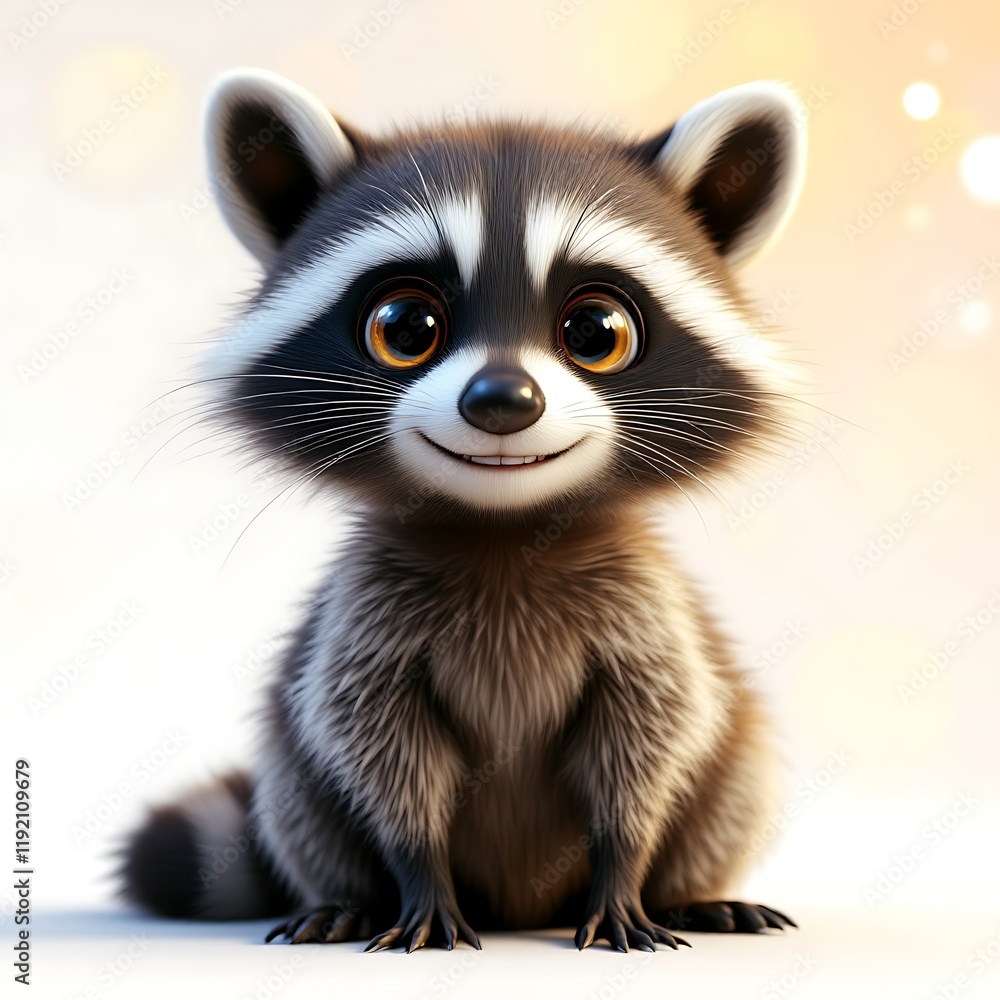 Adorable cartoon raccoon, sitting, bokeh background, children's book illustration Adorable cartoon raccoon, sitting, bokeh background, children's book illustration
