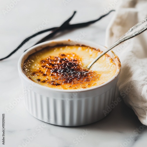 Photos A rich and creamy vanilla bean crème brûlée with a perfectly caramelized sugar c