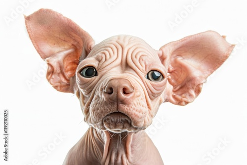 Hairless dog with wrinkled skin and large ears, looking curious. Unique pet for allergy sufferers or those seeking an unusual breed. photo