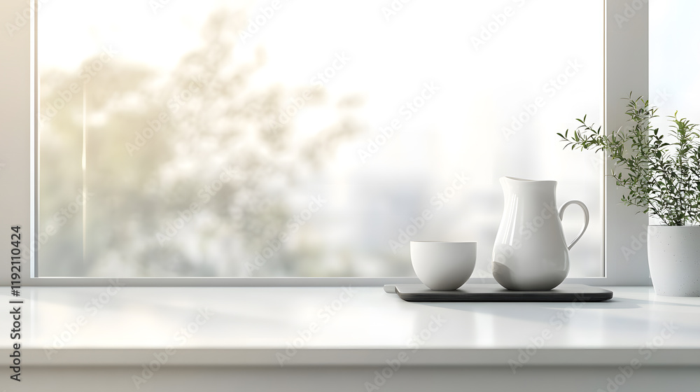 Minimalist Morning Scene with White Pitcher, Mug, and Greenery by a Window Minimalist Morning Scene with White Pitcher, Mug, and Greenery by a Window