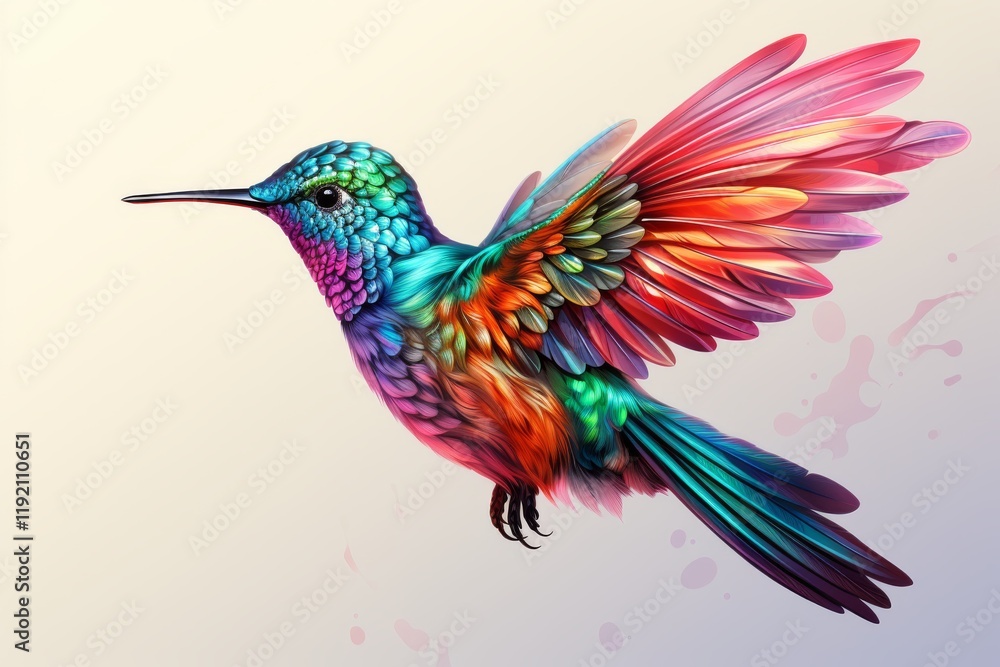 Fototapeta premium A dazzling hummingbird with iridescent, multicolored feathers, frozen in mid-flight with wings outstretched.