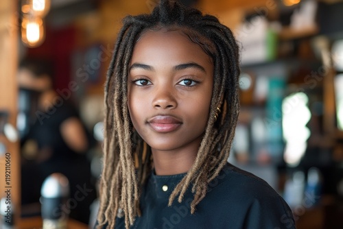 Young Black woman with long dreadlocks, gazing directly at camera. Ideal for themes of beauty, diversity, and youth.