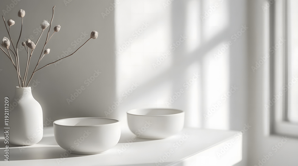 Minimalist Morning Scene with White Pitcher, Mug, and Greenery by a Window Minimalist Morning Scene with White Pitcher, Mug, and Greenery by a Window