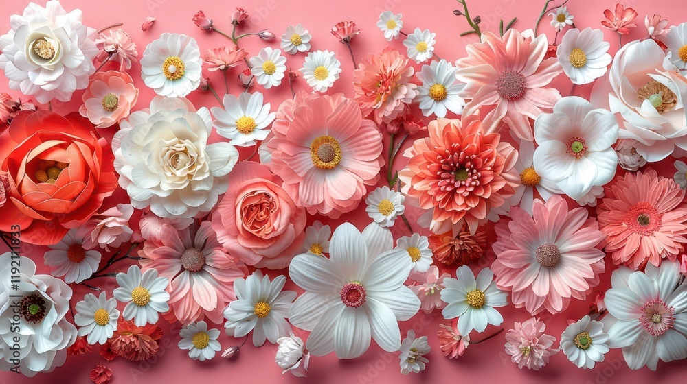 A vibrant arrangement of various artificial flowers on a pink background. A vibrant arrangement of various artificial flowers on a pink background.