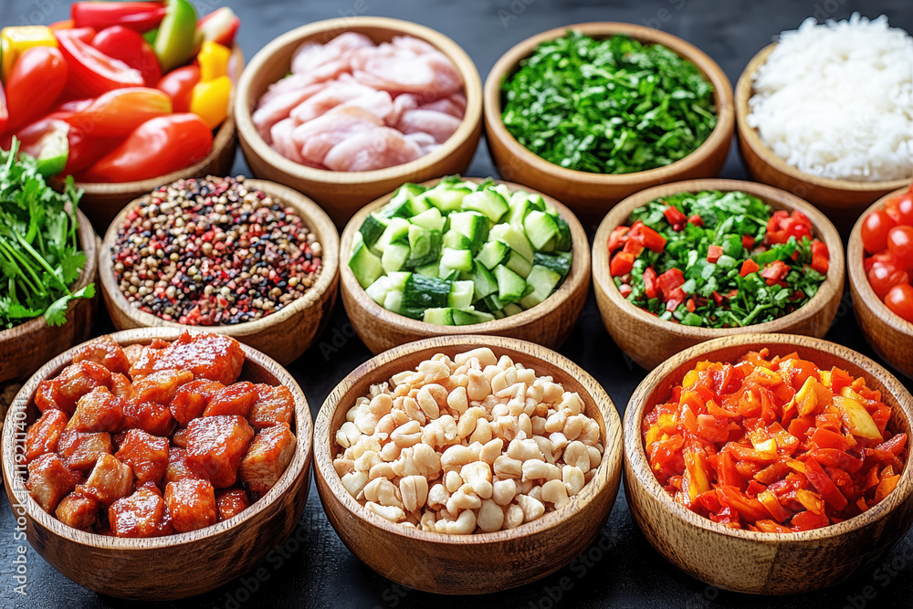 A vibrant display of fresh Asian ingredients in bowls, including vegetables, grains, and proteins, perfect for meal preparation or healthy cooking. A vibrant display of fresh Asian ingredients in bowls, including vegetables, grains, and proteins, perfect for meal preparation or healthy cooking.
