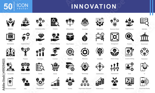 Innovation icon collection set. Containing implementation, idea, profit growth, service, value, definition, improvement icon.