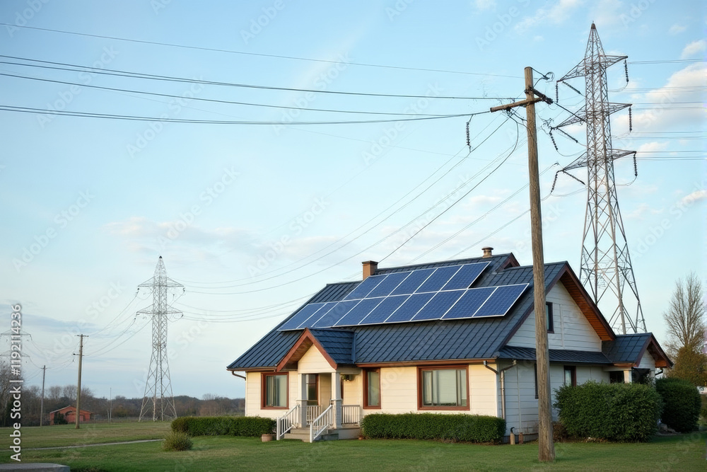 A photo of a house with solar panels, framed by power lines and utility poles in the background, highlighting energy independence. A photo of a house with solar panels, framed by power lines and utility poles in the background, highlighting energy independence.