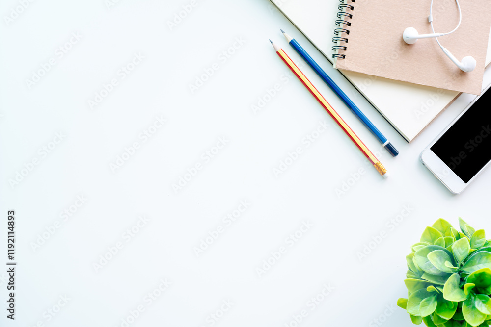 Top View of Modern Workspace on white background. Flat lay concept business design, top view office table desk. Top View of Modern Workspace on white background. Flat lay concept business design, top view office table desk.
