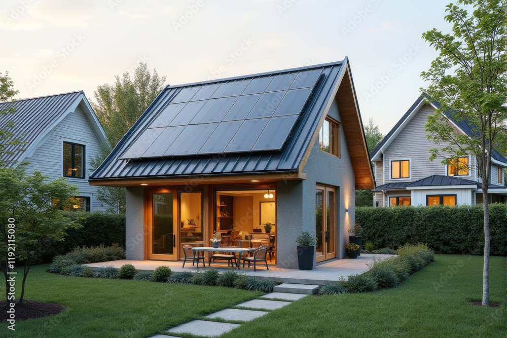 A small urban house with solar panels on the roof, set amidst other modern eco-friendly homes A small urban house with solar panels on the roof, set amidst other modern eco-friendly homes