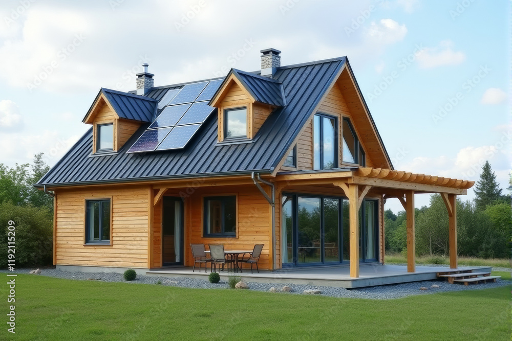Obraz premium A photo of a newly constructed eco-friendly house with solar panels and energy-efficient windows.