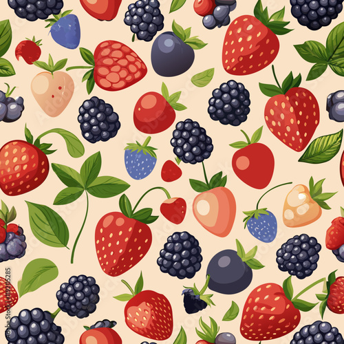 Seamless Pattern of Fresh Berries Featuring Strawberries, Blueberries, Raspberries, and Blackberries in Natural Colors Seamless Pattern Texture