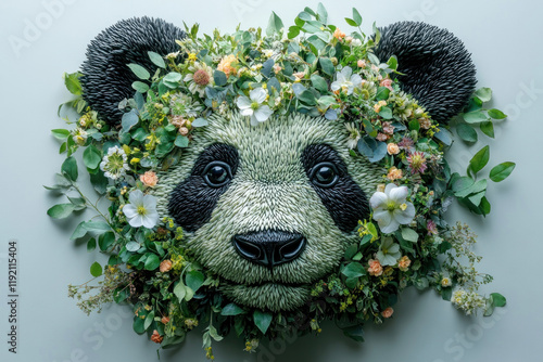 a stylized panda face made from a variety of natural materials, such as leaves, flowers, and seeds.  photo