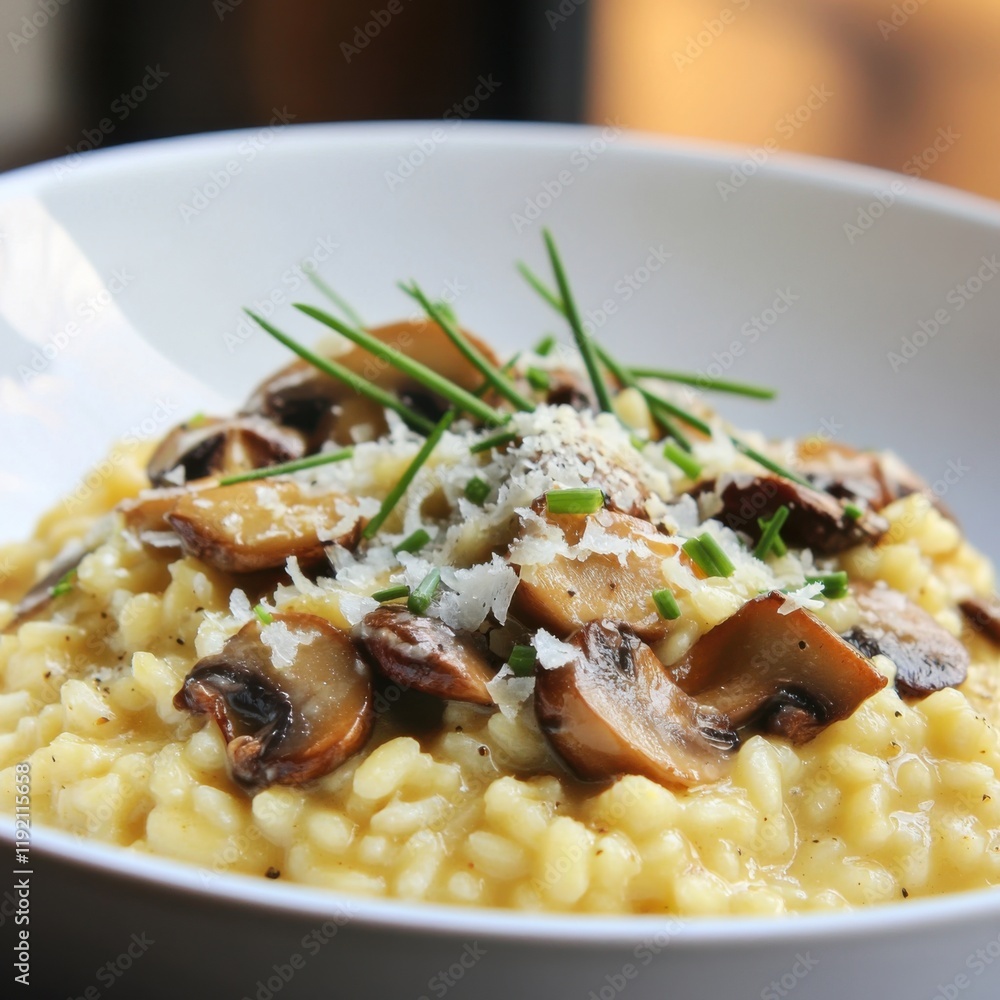 A savory and creamy risotto with saffron, mushrooms, and a sprinkle of Parmesan cheese A savory and creamy risotto with saffron, mushrooms, and a sprinkle of Parmesan cheese