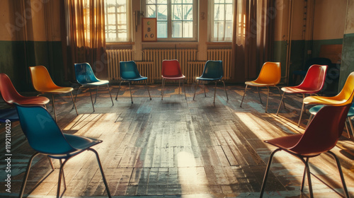 colorful circle of chairs in sunlit room, inviting open discussion