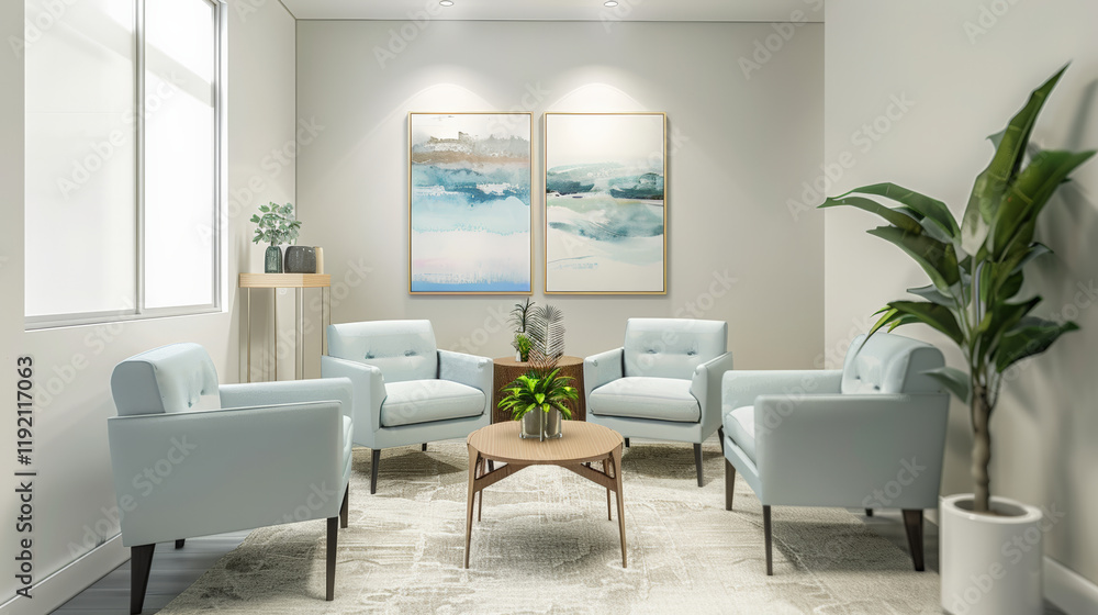 Calming therapist office with soft blue chairs and soothing art decor Calming therapist office with soft blue chairs and soothing art decor