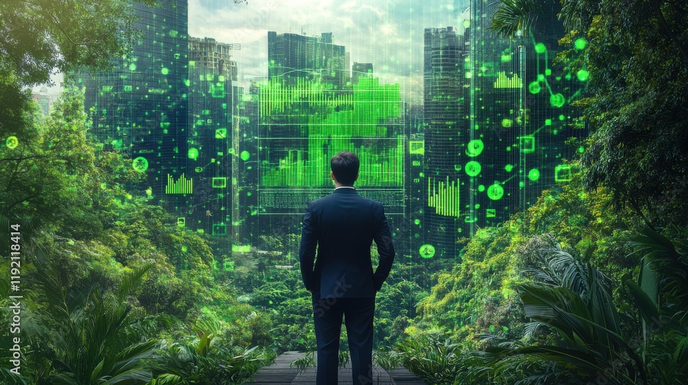 Fototapeta premium Sustainable Future: A Businessman's Vision of Eco-Friendly Urban Development