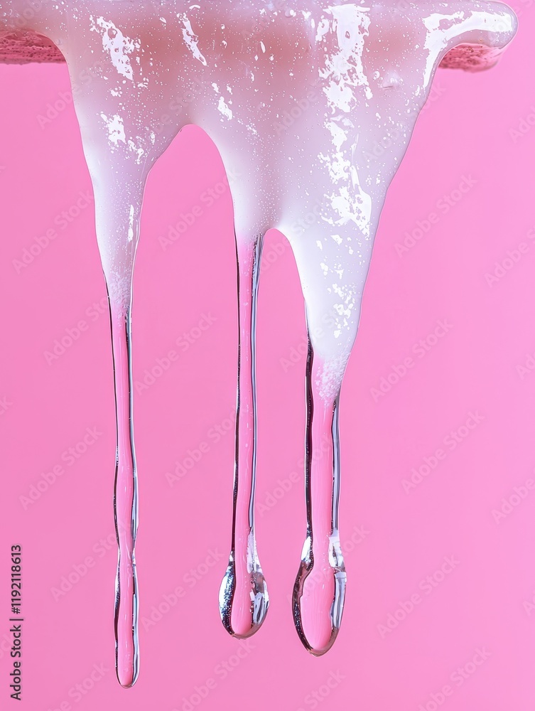 Close-up of thick liquid dripping down, pink background Close-up of thick liquid dripping down, pink background