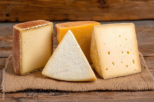 Assortment of gourmet cheeses on rustic wooden table photo