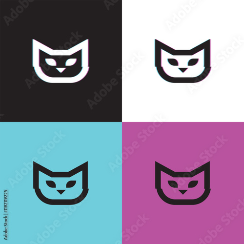 Minimalist Cat Vector Logo Template with Glitch Effect in Bold Colors