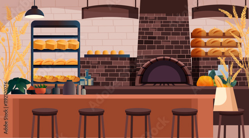 Bakery interior with bread shelves cozy cafe scene with brick oven bar stools decorative plants and wheat warm colors inviting atmosphere