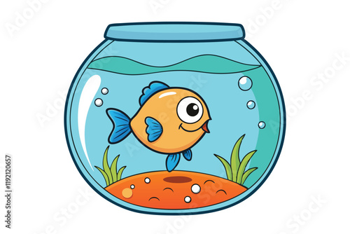 Adorable orange cartoon fish inside a colorful fishbowl with water bubbles, great for educational and playful aquatic themed designs