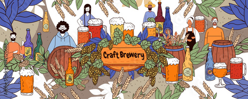 Craft brewery scene with people beer barrels hops bottles and glasses surrounded by leaves and grains colorful design for website banner