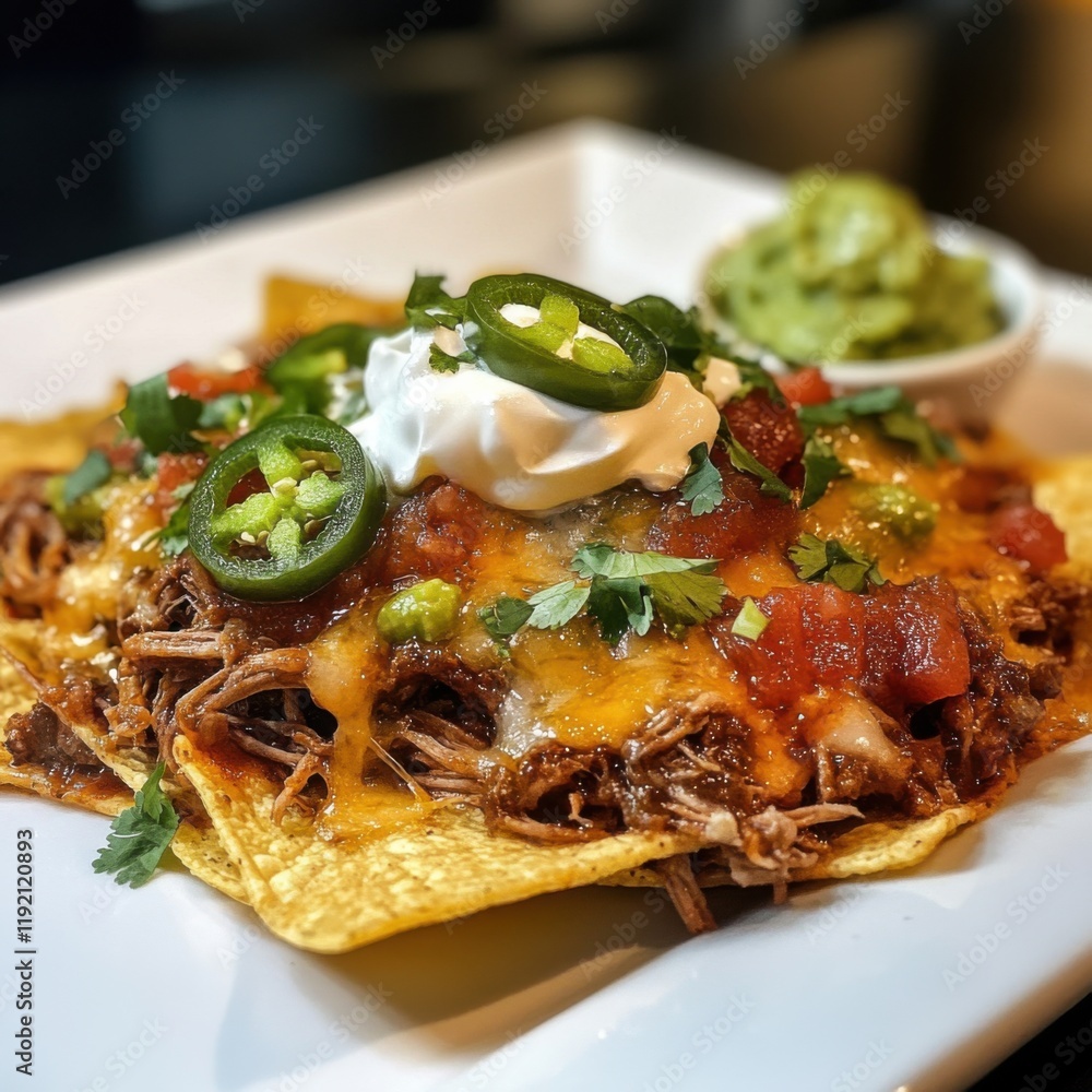 A savory and satisfying pulled pork nachos with melted cheese, jalapeños, and a dollop of sour cream A savory and satisfying pulled pork nachos with melted cheese, jalapeños, and a dollop of sour cream