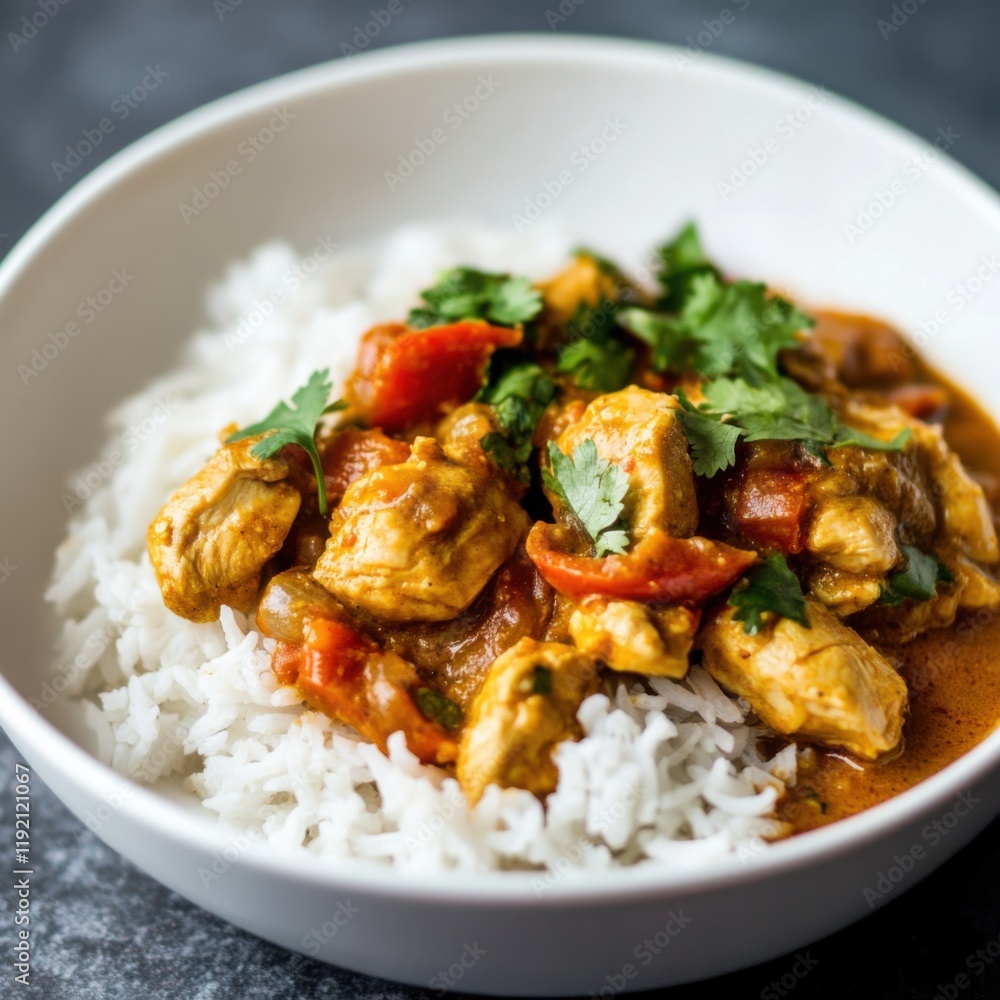 A savory and spicy chicken curry with tender chicken pieces and a rich, aromatic sauce, served over basmati rice in a white bowl