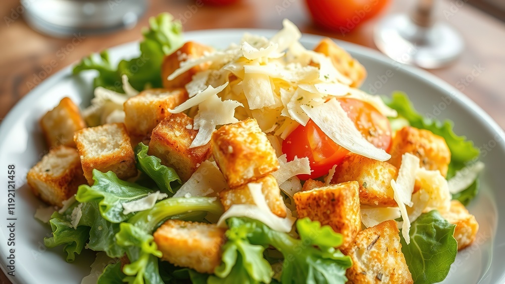 Fresh Caesar Salad with Croutons and Parmesan - Delicious Food Photography Fresh Caesar Salad with Croutons and Parmesan - Delicious Food Photography