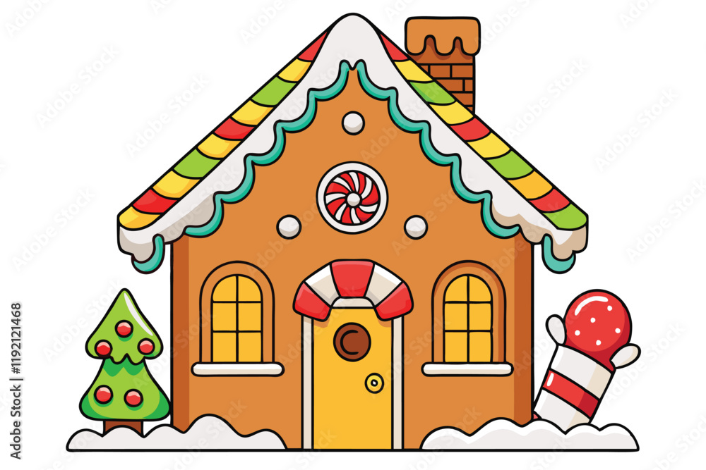 Bright gingerbread house illustration featuring candy canes, Christmas trees, and festive accents perfect for holiday projects Bright gingerbread house illustration featuring candy canes, Christmas trees, and festive accents perfect for holiday projects