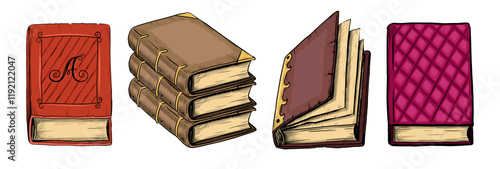 Retro book. Open, closed and stack of encyclopedia or dictionary, sketch style drawing, education element, vintage magazine. Wisdom and knowledge symbol. Vector library or bookstore set
