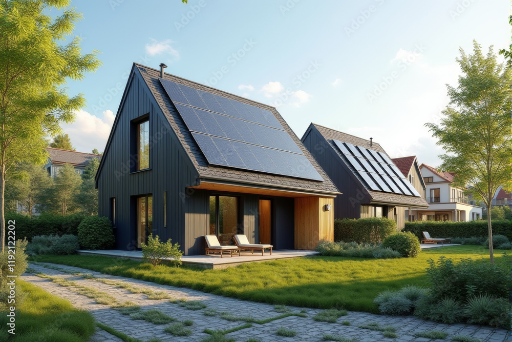 A small urban house with solar panels on the roof, set amidst other modern eco-friendly homes A small urban house with solar panels on the roof, set amidst other modern eco-friendly homes