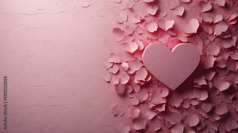 Fototapeta premium Pink heart surrounded by smaller pink hearts on a textured pink background
