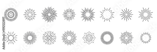 Starburst spark. Blast icon, star burst or sunburst circle sun logo, line graphic radial beam. Radiant flare light. Simple collection for decor. Logotype, emblem or badge. Vector patterns