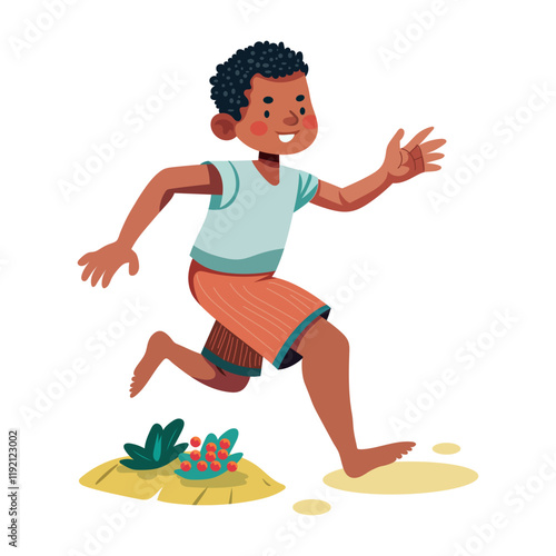 Child running with barefoot on ground illustration in flat style 

